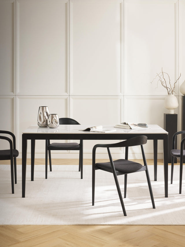 Amarok Dikdörtgen Beyaz Mermer Tablalı Ahşap Yemek Masası Siyah