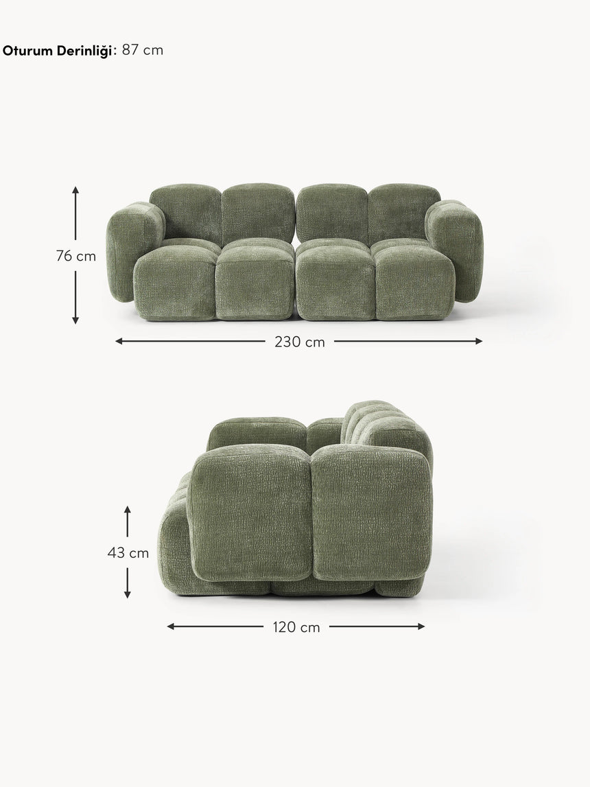 Bom Üçlü Koltuk Yeşil Dokuma Kadife