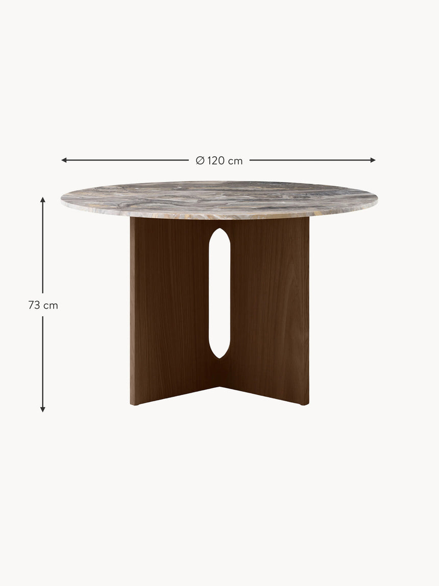 Dion Yuvarlak Gri Mermer Tablalı Ahşap Yemek Masası Ceviz