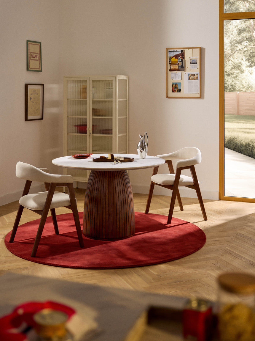 Fold Yuvarlak Beyaz Mermer Tablalı Ahşap Yemek Masası Ceviz