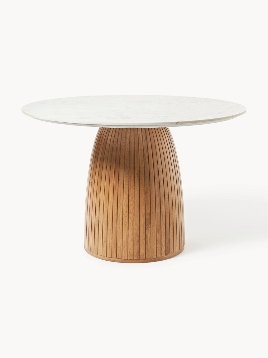 Fold Yuvarlak Beyaz Mermer Tablalı Ahşap Yemek Masası Meşe