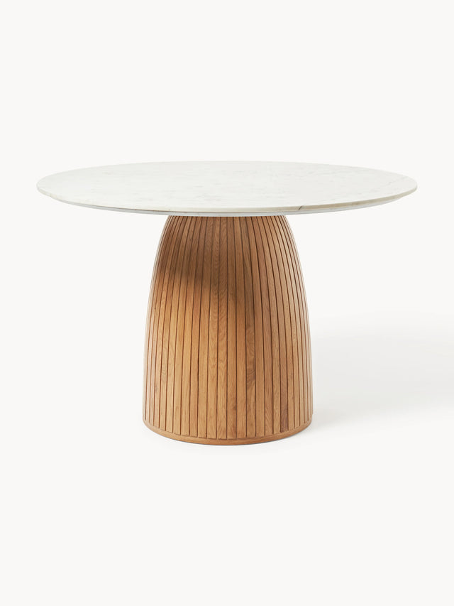 Fold Yuvarlak Beyaz Mermer Tablalı Ahşap Yemek Masası Meşe