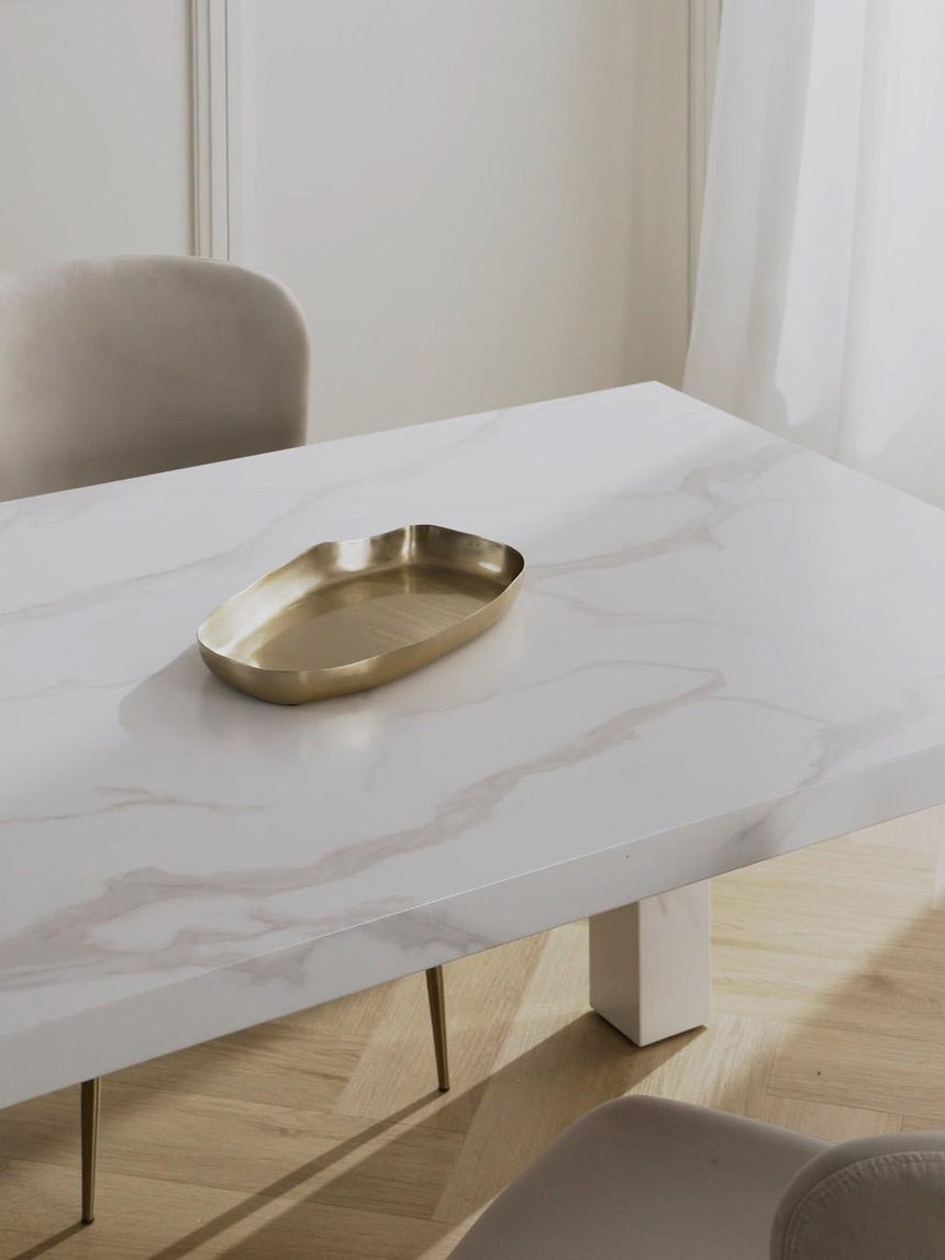 Gior Mermer Görünümlü Ahşap Yemek Masası Beyaz