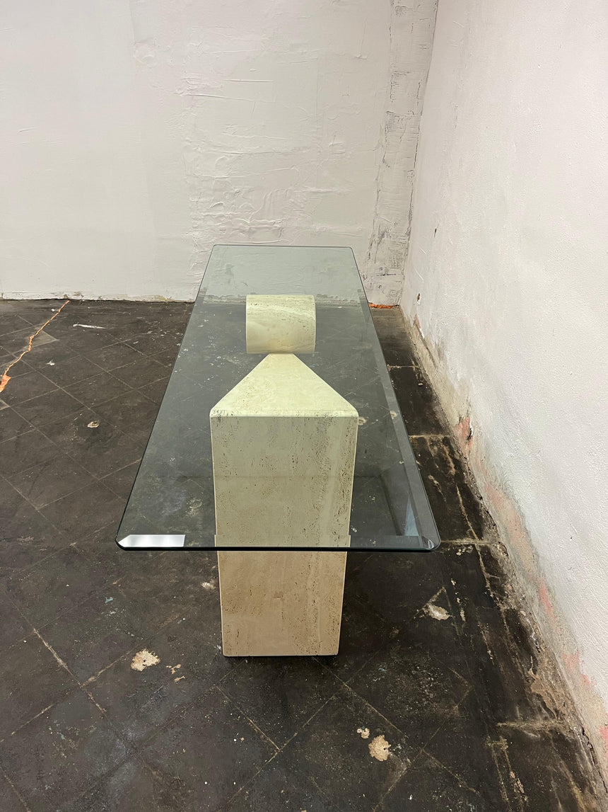 Kama Traverten Mermer Ayaklı Dikdörtgen Cam Orta Sehpa