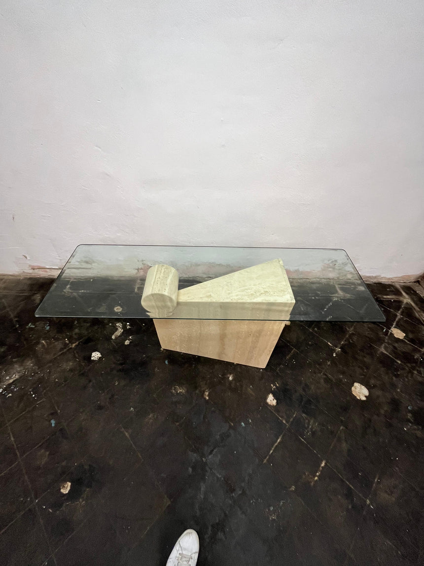 Kama Traverten Mermer Ayaklı Dikdörtgen Cam Orta Sehpa