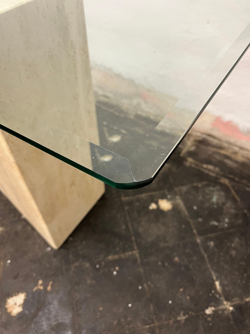 Kama Traverten Mermer Ayaklı Dikdörtgen Cam Orta Sehpa