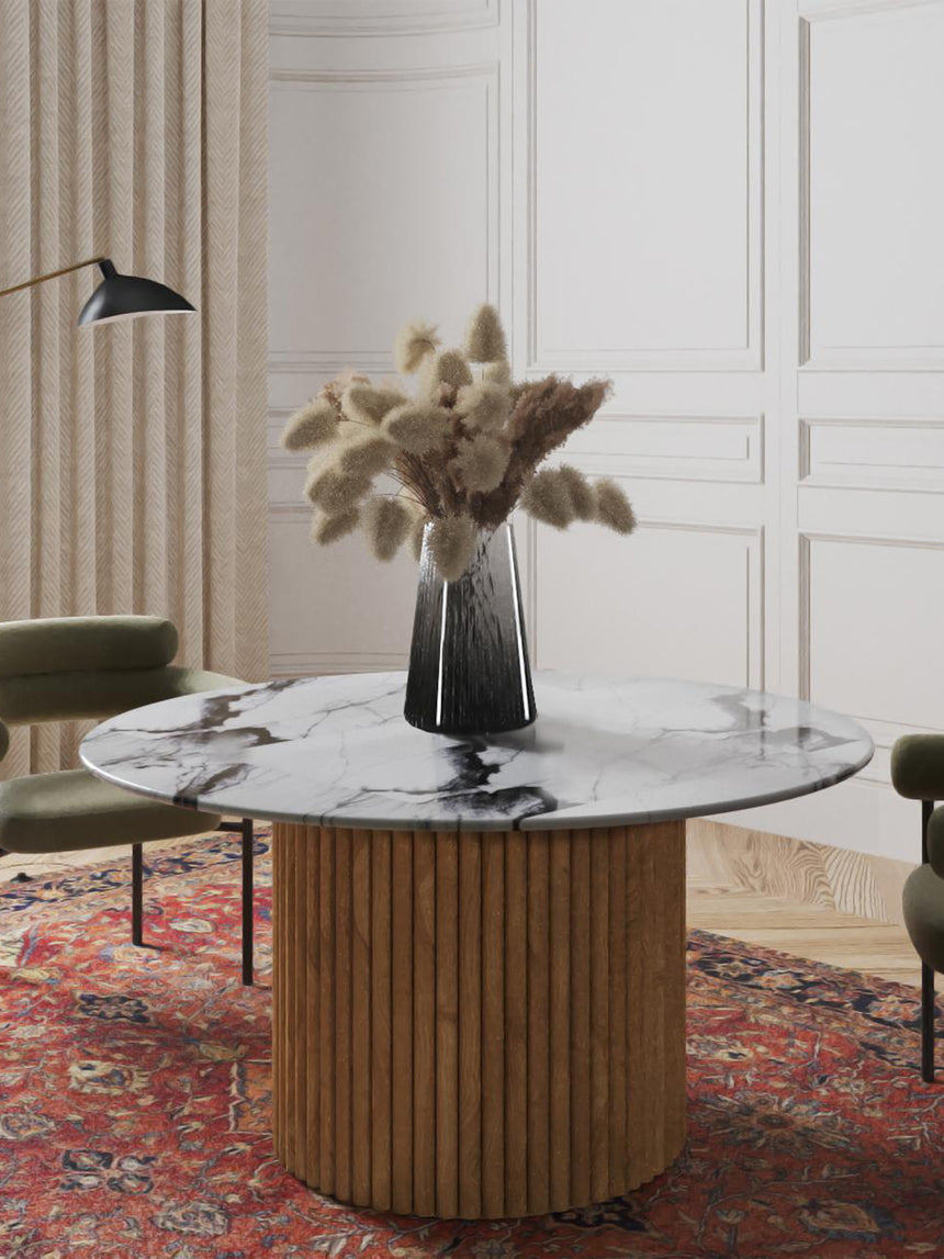 Kotor Yuvarlak Beyaz Dağ Mermer Tablalı Ahşap Yemek Masası Meşe