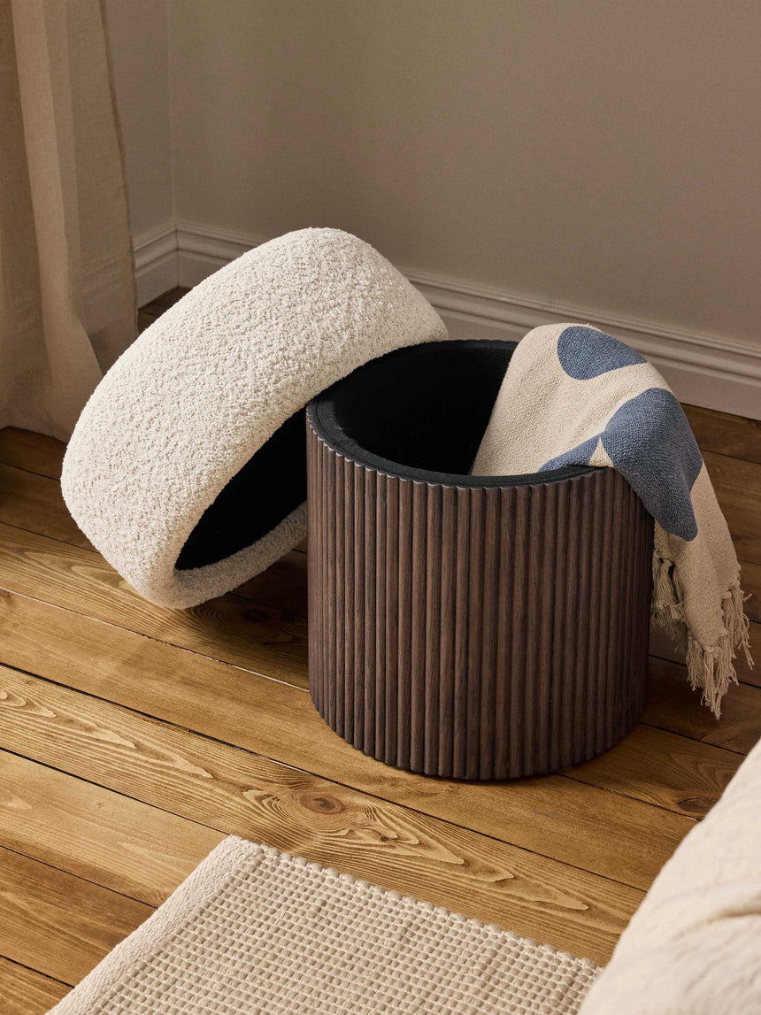 Mantar Silindir Sandık Puf Kırık Beyaz Teddy Koyu Dışbudak