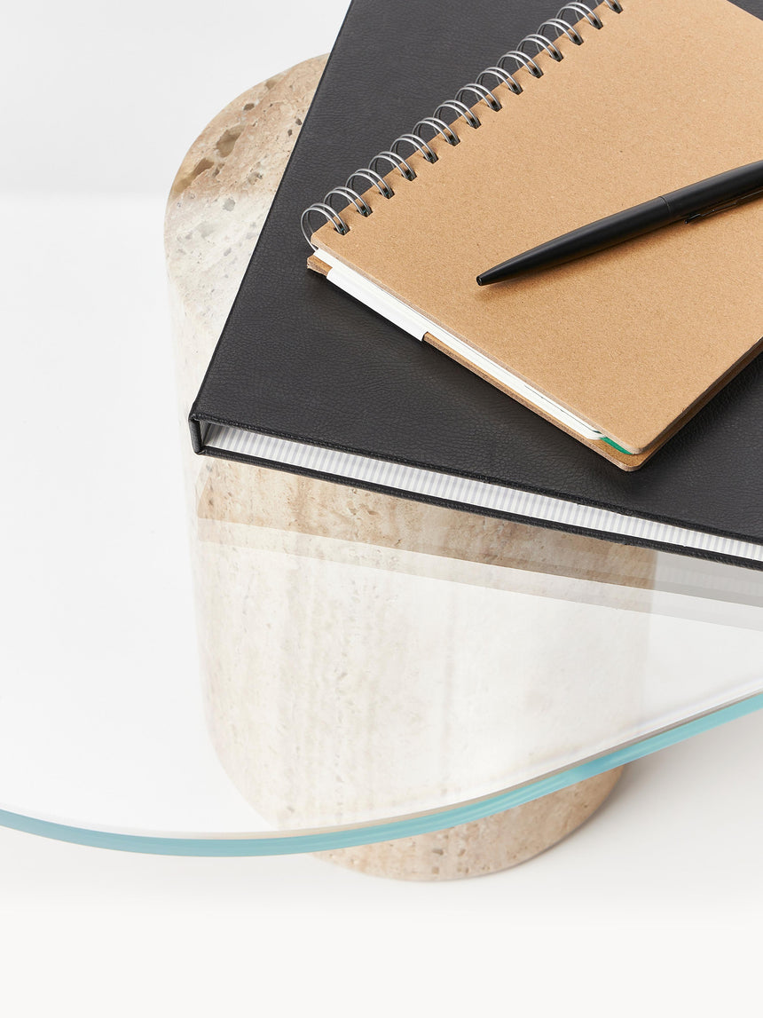 Oya Traverten Mermer Ayaklı Oval Cam Orta Sehpa