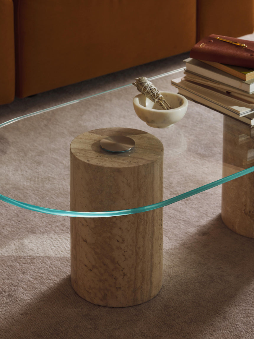 Oya Traverten Mermer Ayaklı Oval Cam Orta Sehpa