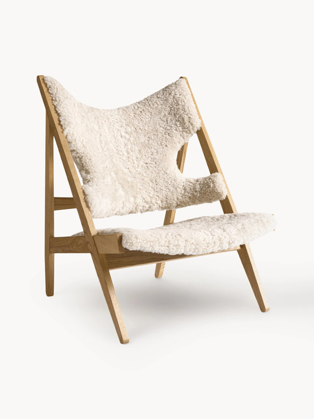 Play Ahşap Tekli Koltuk Kırık Beyaz Koyun Postu Meşe