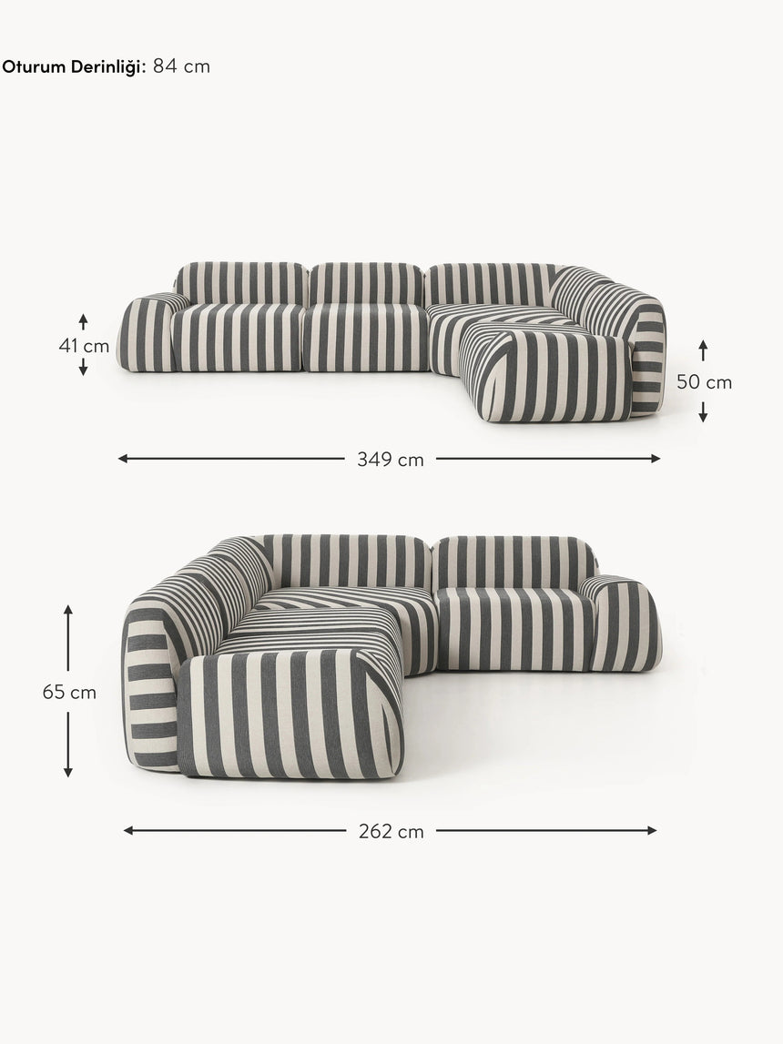 Prag Köşe Koltuk Siyah Beyaz Çizgili Keten