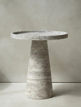 Alba Traverten Mermer Yuvarlak Yan Sehpa Gümüş