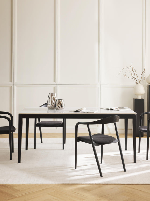 Amarok Dikdörtgen Beyaz Mermer Tablalı Ahşap Yemek Masası Siyah