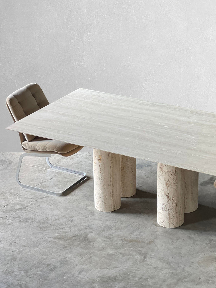 Bellini Heykelsi Ayaklı Dikdörtgen Traverten Mermer Yemek Masası