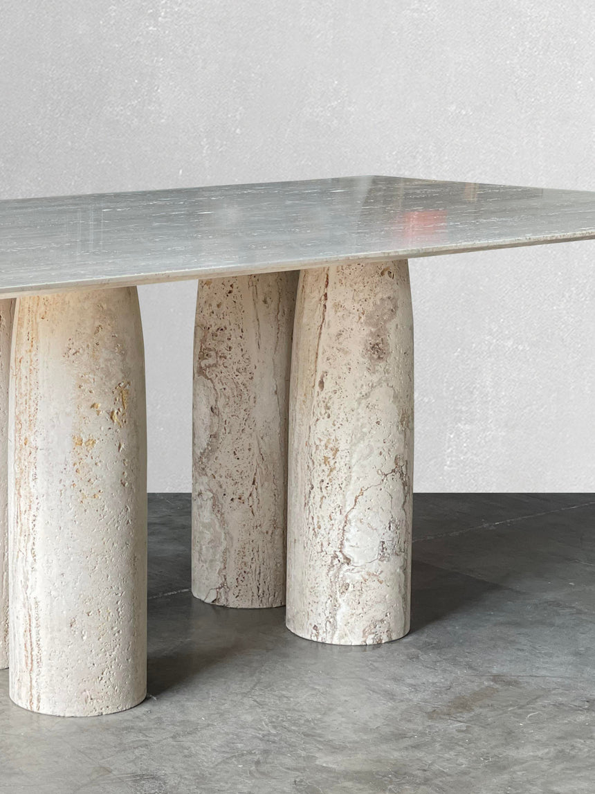 Bellini Heykelsi Ayaklı Dikdörtgen Traverten Mermer Yemek Masası