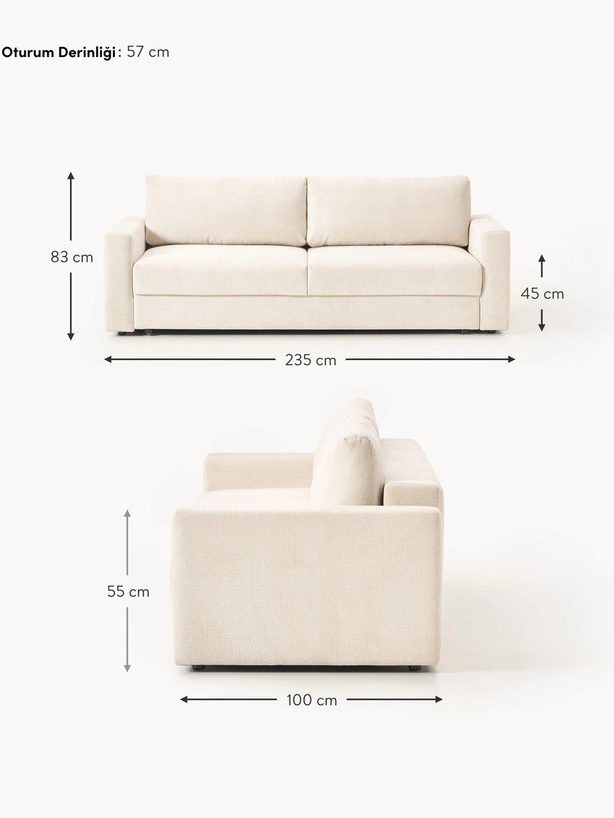 Bohem Yataklı Üçlü Koltuk Kırık Beyaz Dokuma Kadife