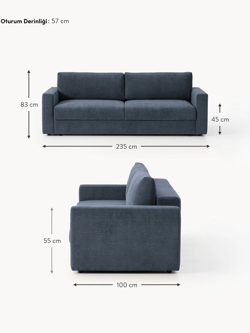 Bohem Yataklı Üçlü Koltuk Koyu Mavi Dokuma Kadife
