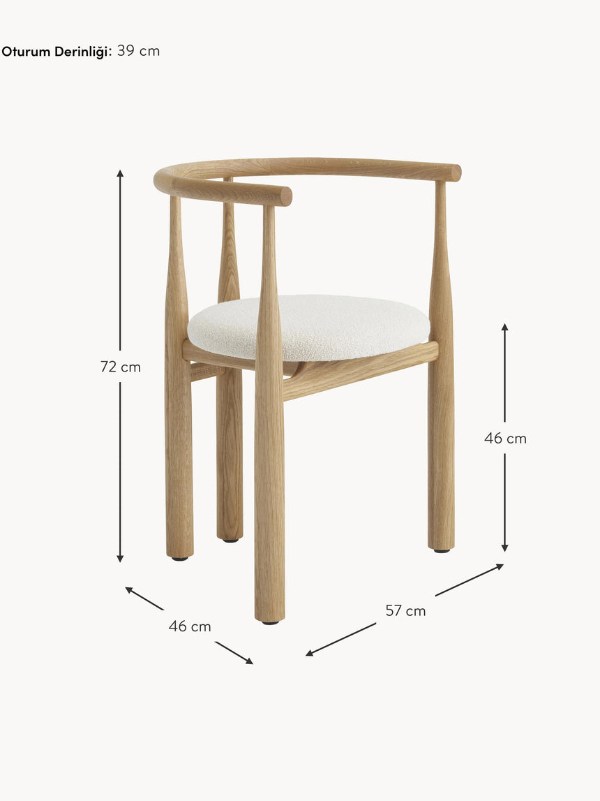 Bors Kırık Beyaz Bukle Minderli Ahşap Sandalye Meşe