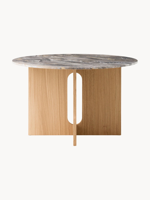 Dion Yuvarlak Gri Mermer Tablalı Ahşap Yemek Masası Meşe