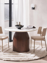 Fold Yuvarlak Beyaz Mermer Tablalı Ahşap Yemek Masası Ceviz