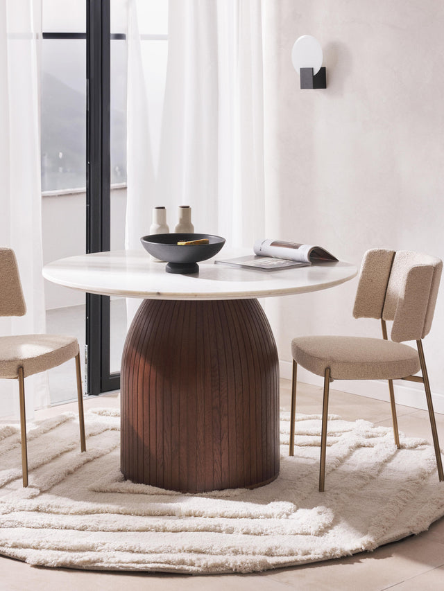 Fold Yuvarlak Beyaz Mermer Tablalı Ahşap Yemek Masası Ceviz