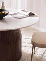 Fold Yuvarlak Beyaz Mermer Tablalı Ahşap Yemek Masası Ceviz