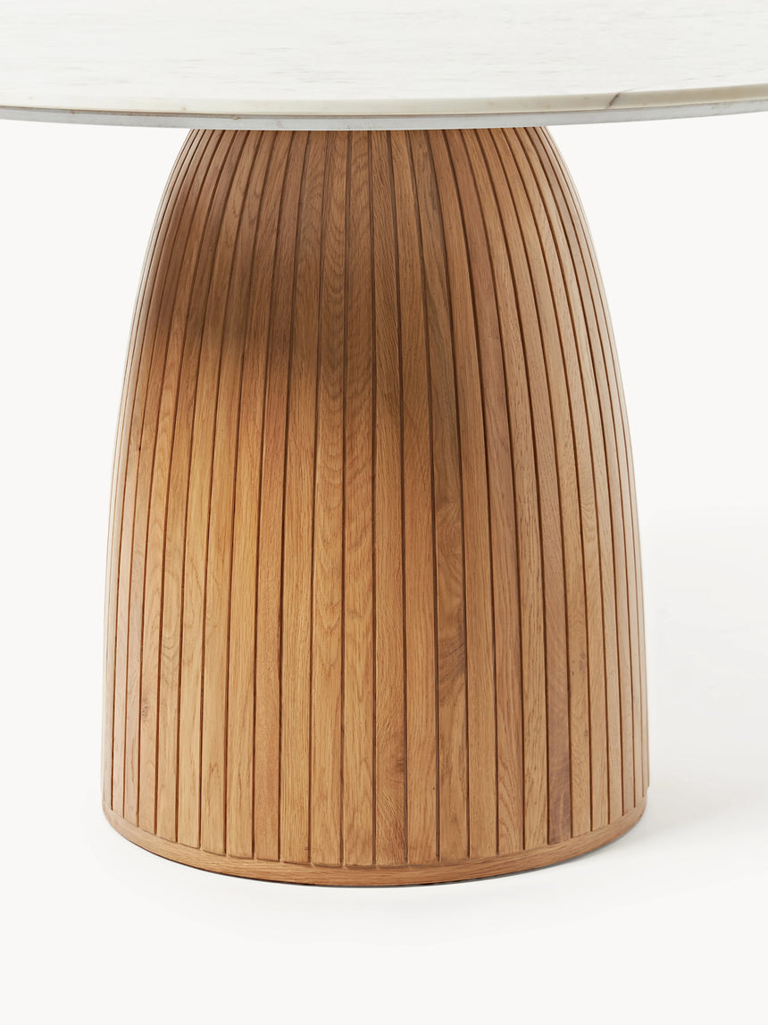 Fold Yuvarlak Beyaz Mermer Tablalı Ahşap Yemek Masası Meşe