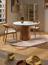 Fold Yuvarlak Beyaz Mermer Tablalı Ahşap Yemek Masası Meşe