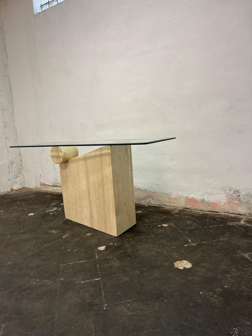 Kama Traverten Mermer Ayaklı Dikdörtgen Cam Orta Sehpa