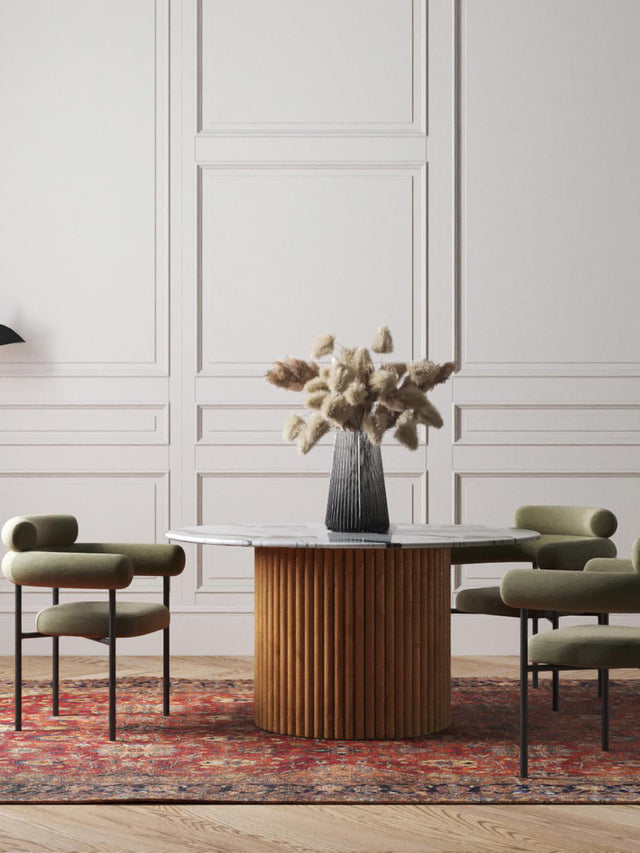 Kotor Yuvarlak Beyaz Dağ Mermer Tablalı Ahşap Yemek Masası Meşe