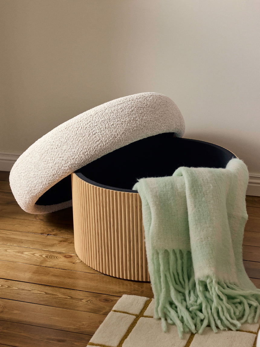 Mantar Large Silindir Sandık Puf Kırık Beyaz Teddy Açık Dışbudak