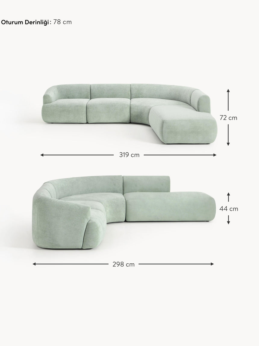 Modern Large Köşe Koltuk Adaçayı Yeşili Dokuma Kadife