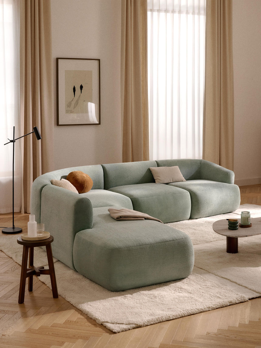 Modern Large Köşe Koltuk Adaçayı Yeşili Dokuma Kadife