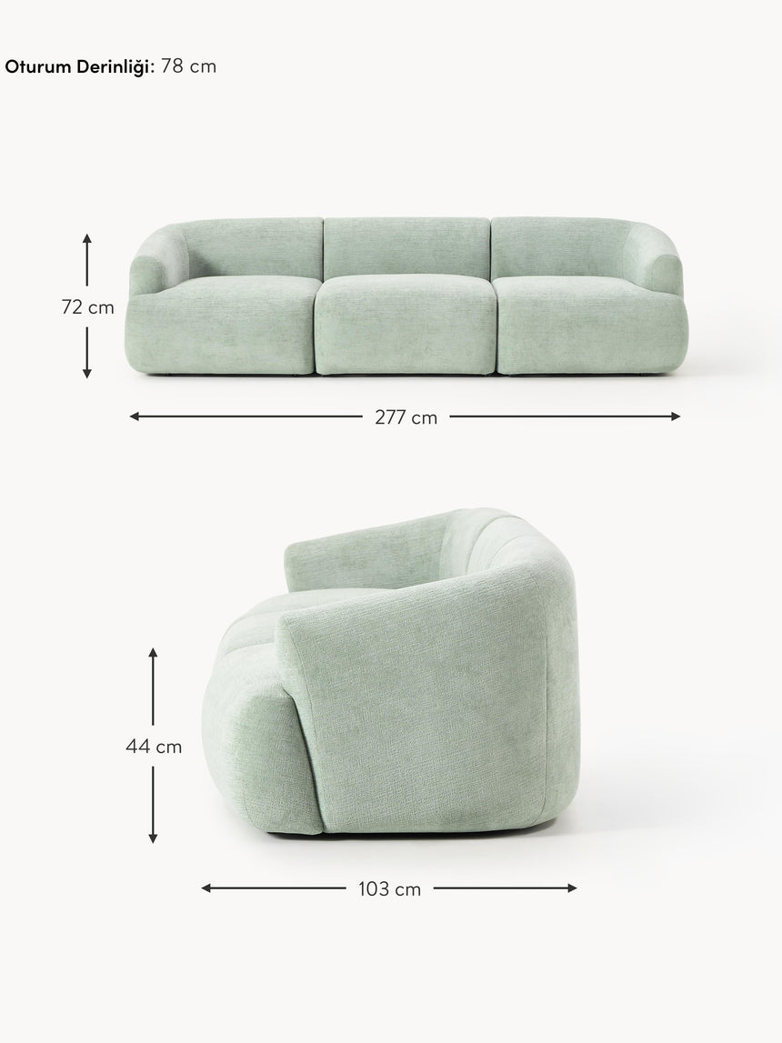 Modern Üçlü Koltuk Adaçayı Yeşili Dokuma Kadife