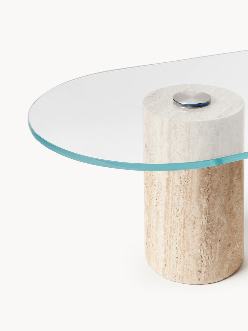 Oya Traverten Mermer Ayaklı Oval Cam Orta Sehpa