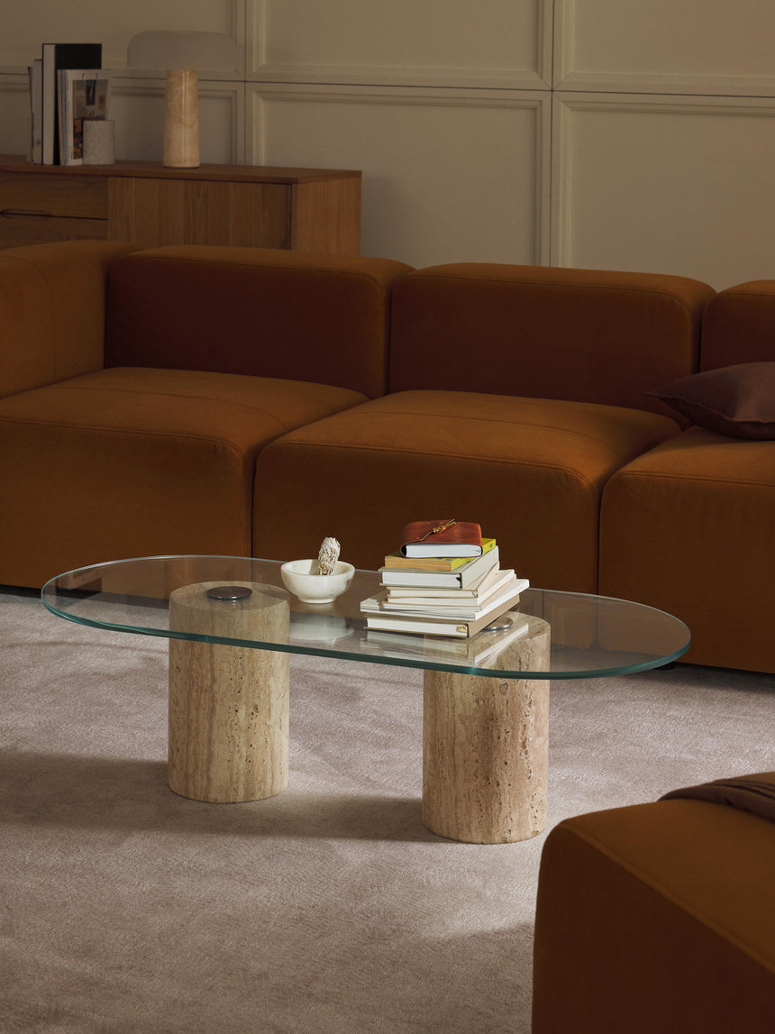 Oya Traverten Mermer Ayaklı Oval Cam Orta Sehpa