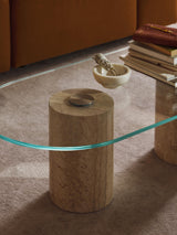 Oya Traverten Mermer Ayaklı Oval Cam Orta Sehpa