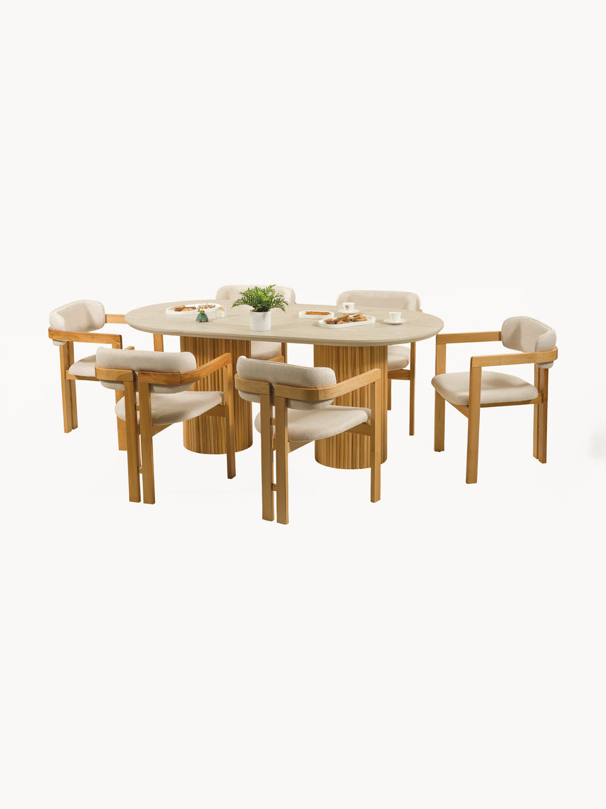 Pena Elips Yemek Masası Traverten Meşe + Pena Sandalye Krem Meşe