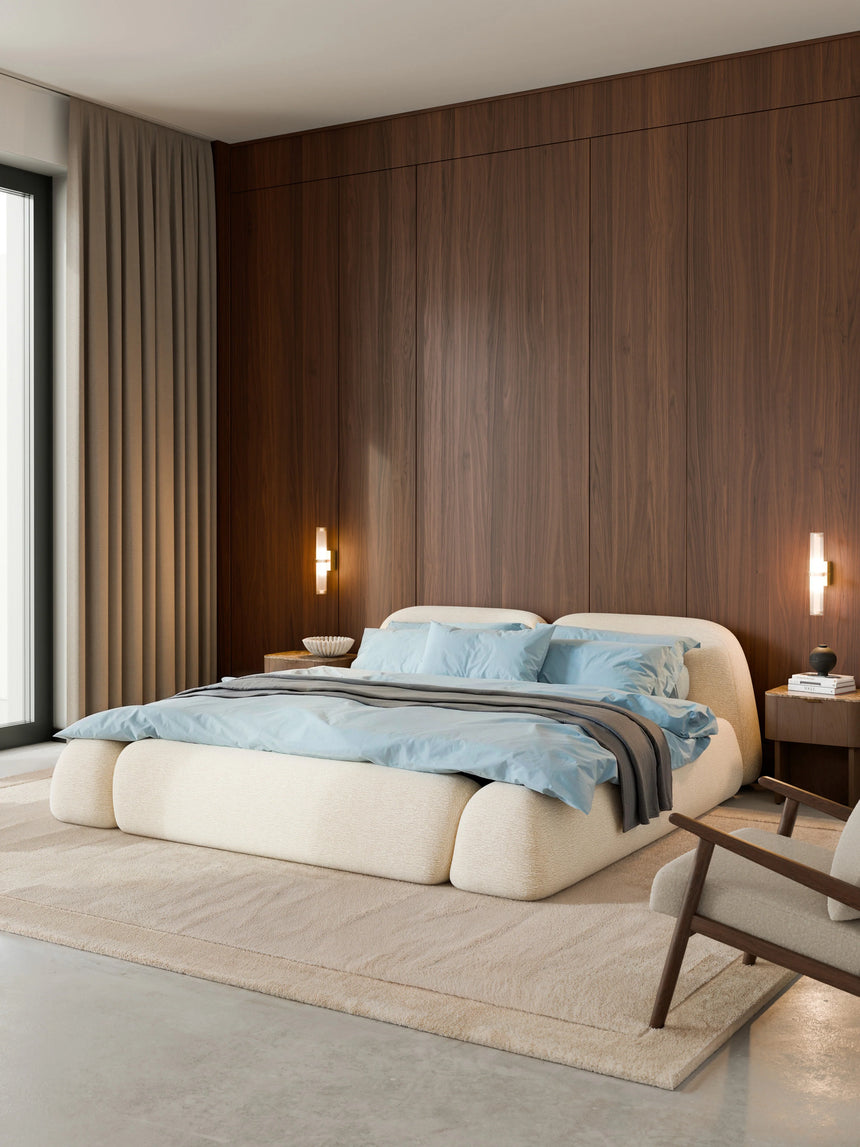 Prag Çift Kişilik Karyola Açık Bej Dokuma Kadife