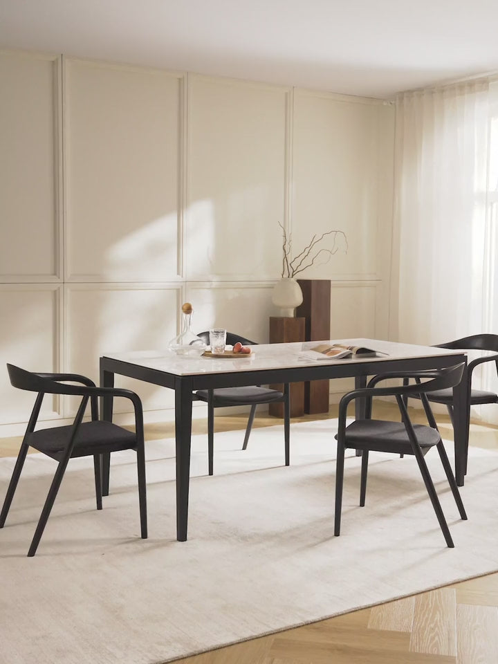 Amarok Dikdörtgen Beyaz Mermer Tablalı Ahşap Yemek Masası Siyah