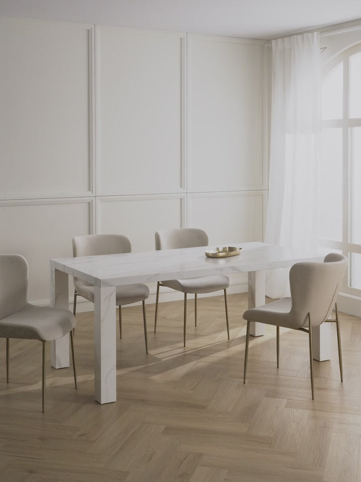 Gior Mermer Görünümlü Ahşap Yemek Masası Beyaz