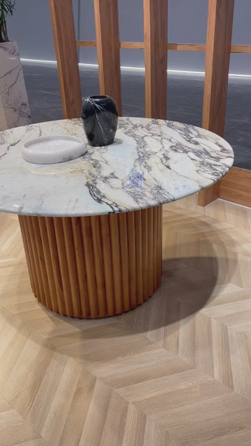 Kotor Yuvarlak Beyaz Dağ Mermer Tablalı Ahşap Yemek Masası Meşe